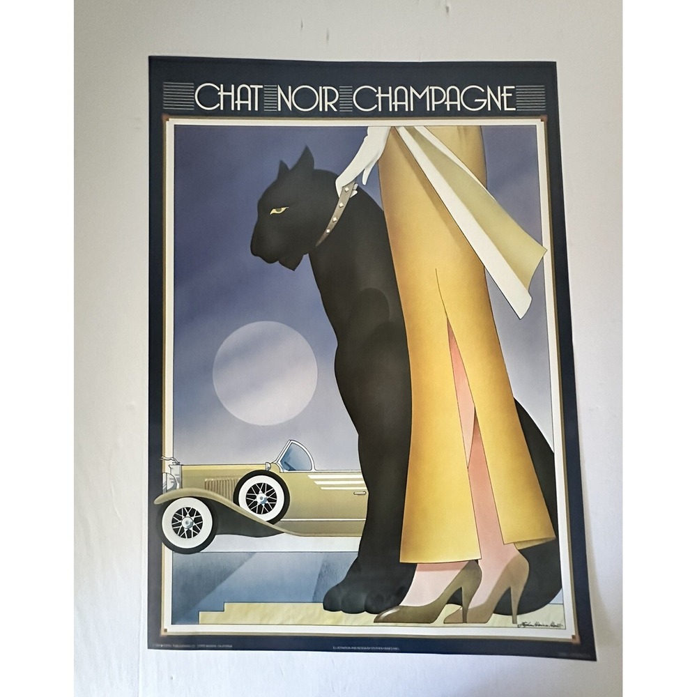 Vintage 1984 CHAT NOIR CHAMPAGNE Poster 20x28 by STEPHEN HAINES HALL Litho USA